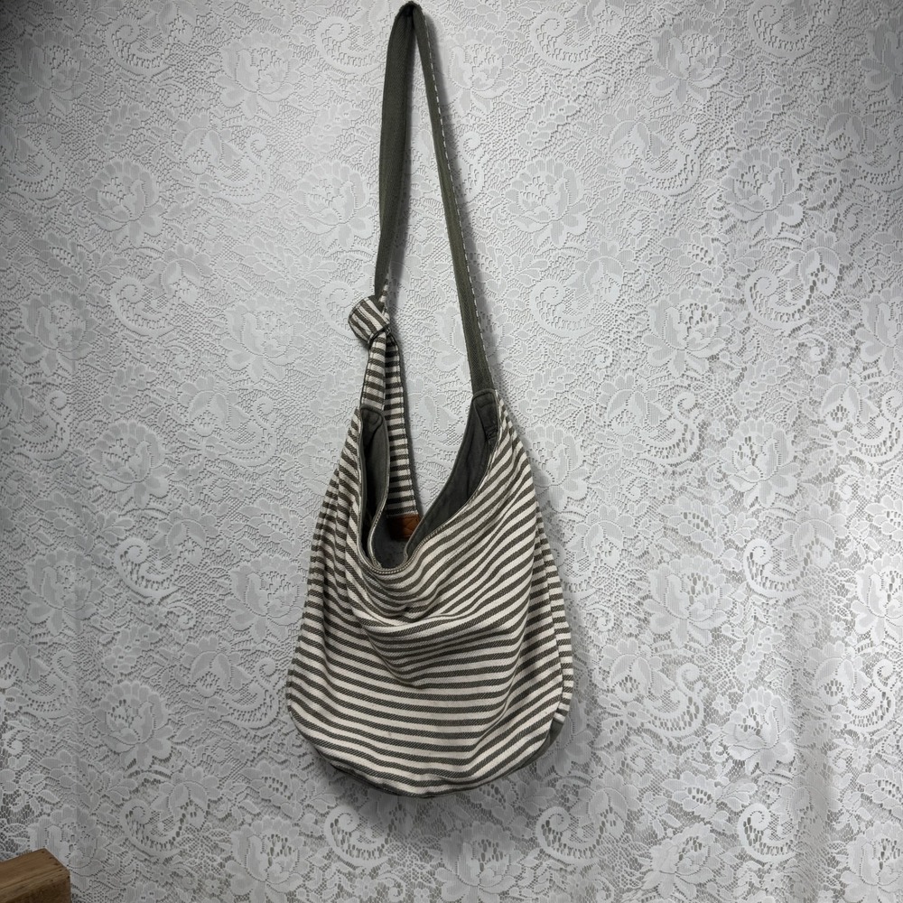 Thirty-One Retro Metro Crossbody Hobo Bag Olive Green Cream Striped Canvas